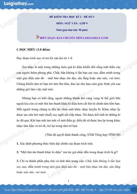 Đề ôn tập học kì 2 Văn 9 - Đề số 3
